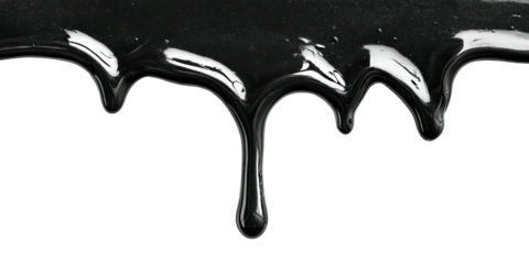 Glossy black fluid drips down, against a dark backdrop