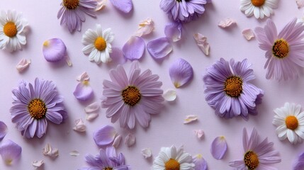 Purple and white daisy flowers scattered on a light purple background with petals and leaves