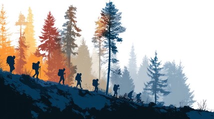 A group of hikers trekking through a misty forest, with silhouettes of trees and mountains in the background.