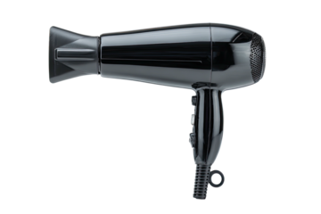 Glossy, black hair dryer on black background