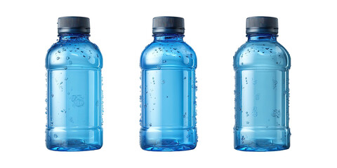 Three blue water bottles with dark caps, clean and fresh