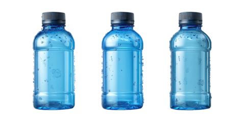 Three blue water bottles with dark caps, clean and fresh