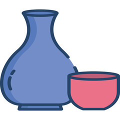 Traditional Japanese Sake Set With Blue Ceramic Bottle And Pink Cup On A Transparent Background Vector Illustration
