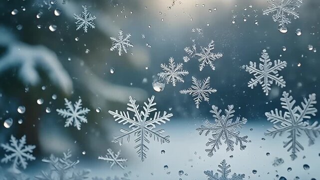 Detailed snowflake frost patterns with water droplets on winter window