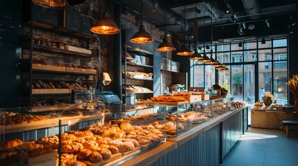 Illuminated bakery display counter showcases an assortment of freshly baked pastries and bread items