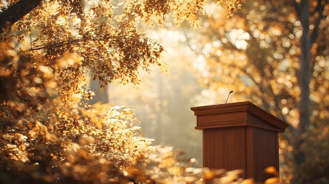 Wooden lectern stands ready for a presentation amidst sunlit autumn foliage