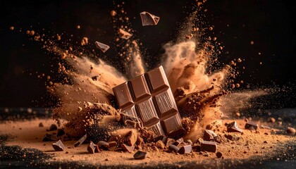 Chocolate bar exploding with cocoa powder and pieces in dynamic food photography