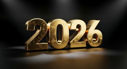 Golden 2026 year number on reflective surface with dark background and spotlights