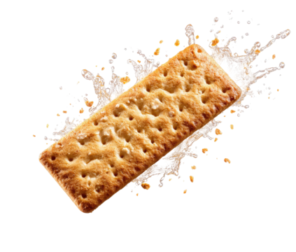 Rectangular cracker, splash. Isolated, crispy, golden