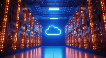 Cloud computing icon glowing in futuristic data center with bright server racks