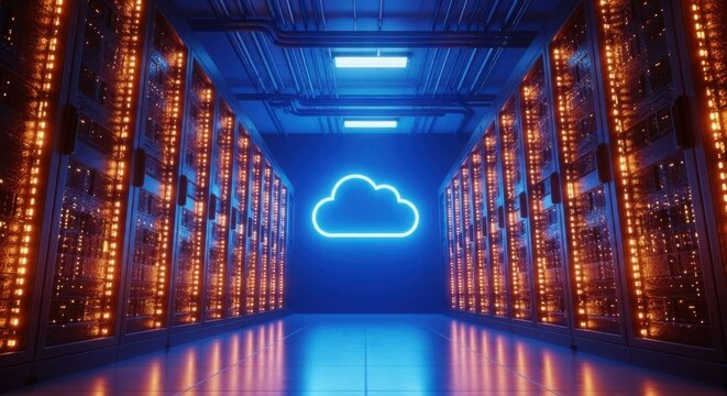 Cloud computing icon glowing in futuristic data center with bright server racks