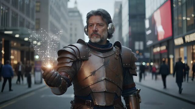 Man in armor with headphones and digital display in city street scene