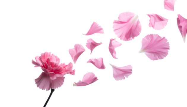 A delicate pink carnation flower with petals gracefully scattering in the wind against a clean white background, symbolizing beauty and fragility