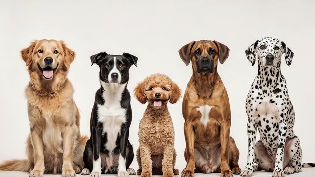 Diverse Dog Breed Lineup: Golden Retriever, Border Collie, Poodle, Ridgeback, Dalmatian
