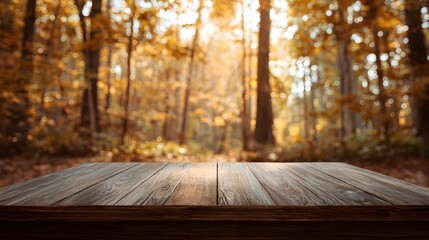 Wooden surface rests in foreground against a sunlit, blurred autumn forest background