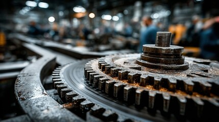 Close-up of rusty gears and metal machinery in a dimly lit industrial setting.