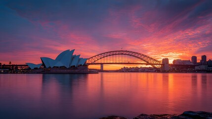 Iconic waterfront structures are silhouetted against a dramatic twilight sky above calm water.