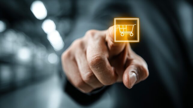 Finger touching a glowing button with text on a blurred background. - Powered by Adobe