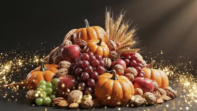Festive Thanksgiving cornucopia overflowing with autumn harvest bounty pumpkins apples grapes wheat and nuts in stunning studio light perfect for fall celebration