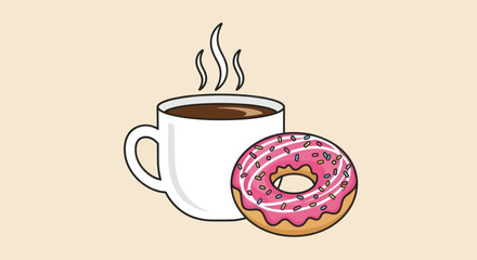 Hot coffee and a sweet donut with pink frosting and sprinkles.