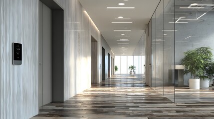 Modern corporate hallway features elevator access and floor to ceiling glass partitions