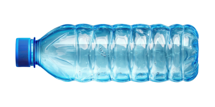 Recycled water bottle with blue cap, horizontal
