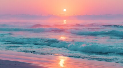 Glowing sun illuminates turquoise ocean waves breaking upon a colorful shore at dawn or dusk