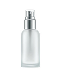 Opaque spray bottle, metallic top, against black backdrop