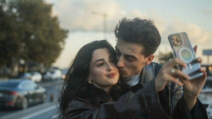 Couple Taking Selfie Together in Urban Setting