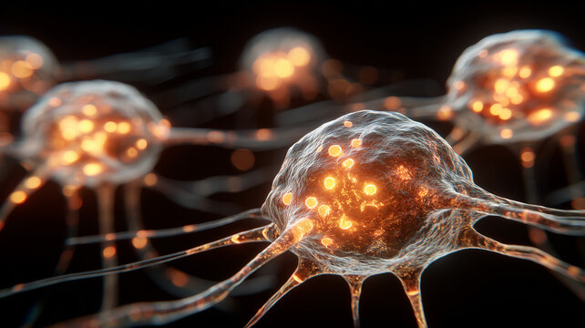 A cluster of glowing neural cells symbolizing cognitive communication, biological signaling and interconnected mental processes.
