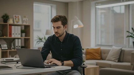 Man diligently working on his laptop at home office showcasing remote work lifestyle - Powered by Adobe