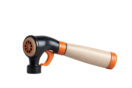 Toy spray nozzle. Wood handle, black & orange parts