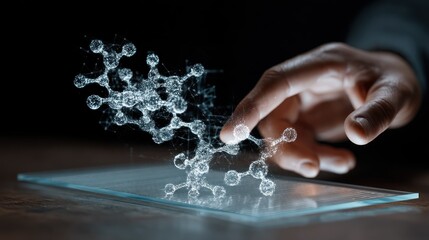 A hand interacting with a 3D molecule model on a digital tablet screen, with a blurred background.