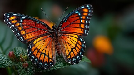 Fototapeta premium Butterfly with orange and black wings resting on green foliage outdoors.