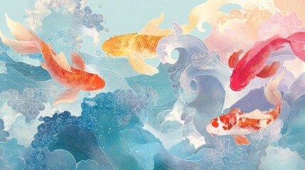 A colorful illustration of a koi fish swimming in a blue and white wave pattern, with a pink and orange fish in the background.