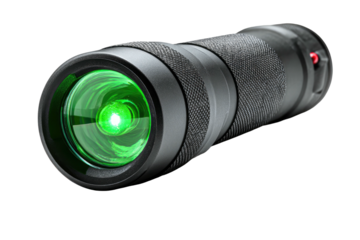 Black flashlight with green light glowing