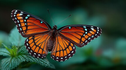 Fototapeta premium Orange butterfly with black and white markings rests on green leaves.