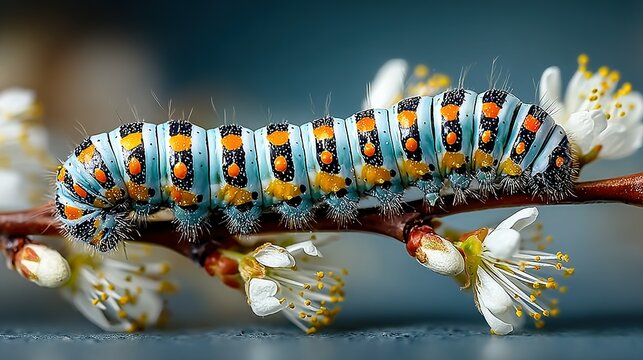Colorful caterpillar crawls on a branch with small white flowers closeup. - Powered by Adobe