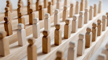 Fototapeta premium endless staggered rows of wooden model people on white background