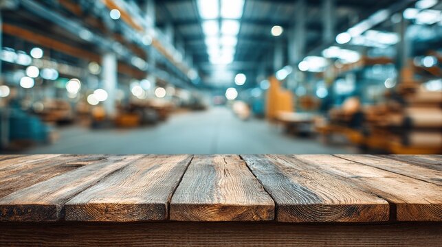 Empty wooden table foreground with blurred background of industrial factory or warehouse. Concept for product display or business presentation. High quality