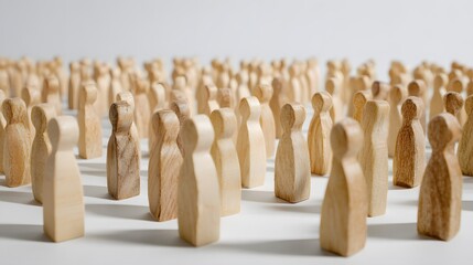 endless staggered rows of wooden model people on white background