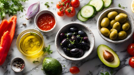 Assortment of fresh Mediterranean ingredients arranged beautifully on a white marble surface