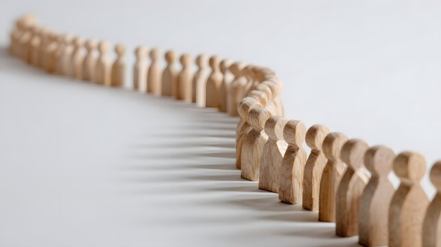 endless staggered rows of wooden model people on white background - Powered by Adobe