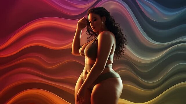 Voluptuous Woman Posing in Swimsuit with Vibrant Swirling Background Elegant and Seductive