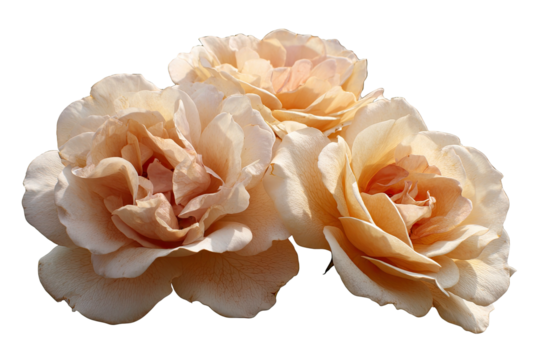 Three delicate peach roses cluster. Isolated on black
