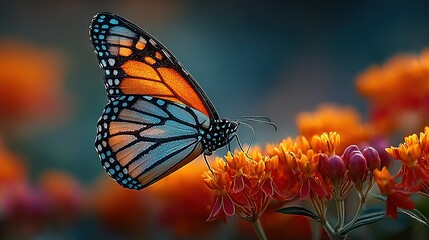 Fototapeta premium Monarch butterfly rests on vibrant orange flowers in a blurred outdoor setting.