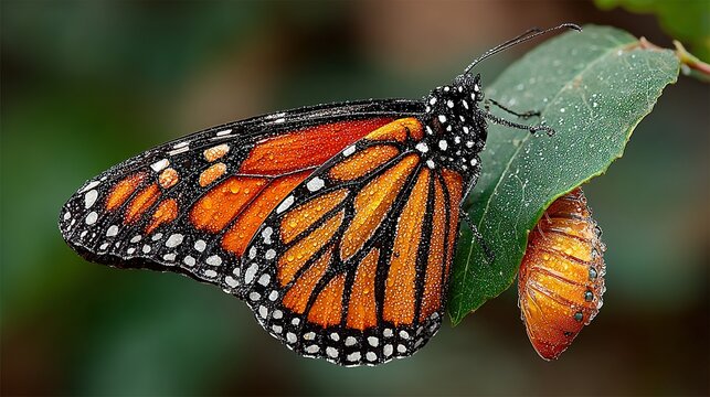 Monarch butterfly rests near its chrysalis on a green leaf.