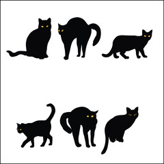 Black cat vector silhouettes with glowing eyes in spooky walking and sitting poses.