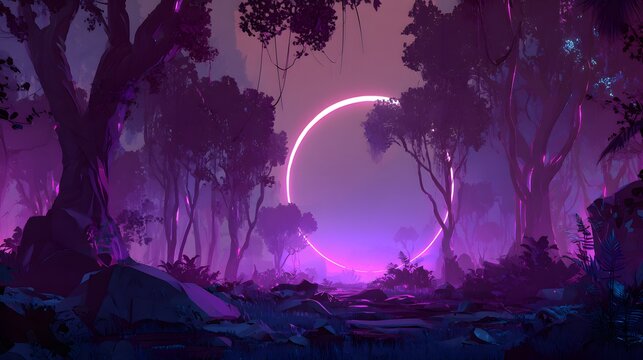 Ethereal glowing ring illuminates dense, mysterious jungle at twilight - Powered by Adobe