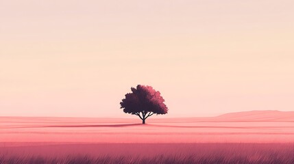 minimalist digital painting showcasing a lone tree in a vast pink field beneath a tranquil gradient sky, ideal for themes of peace and solitude